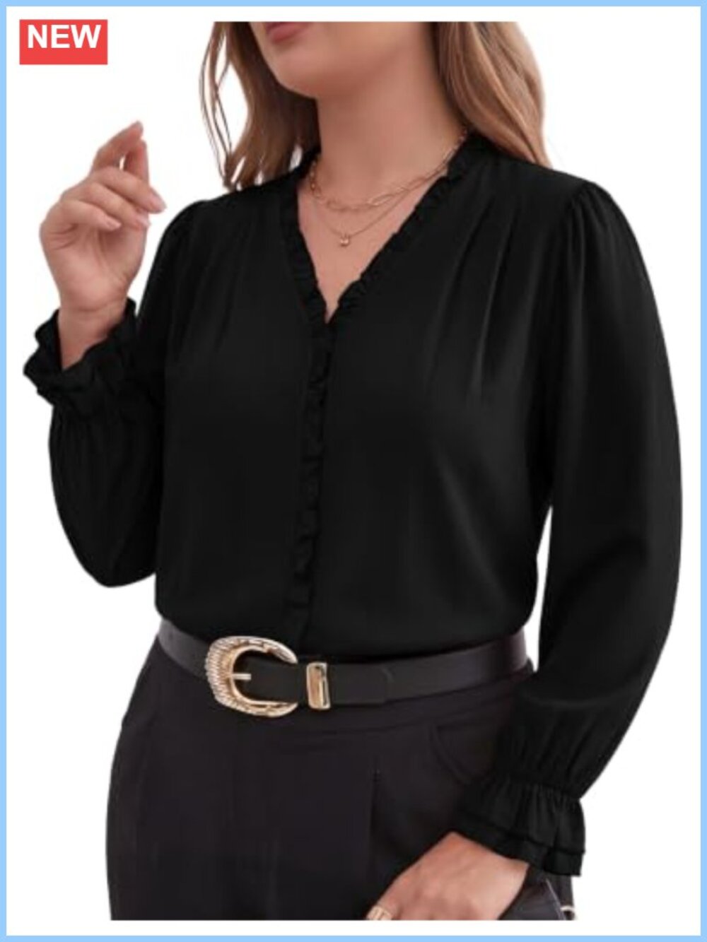 Plus Size V-Neck Ruffle Long Sleeve Blouse Business Casual Top